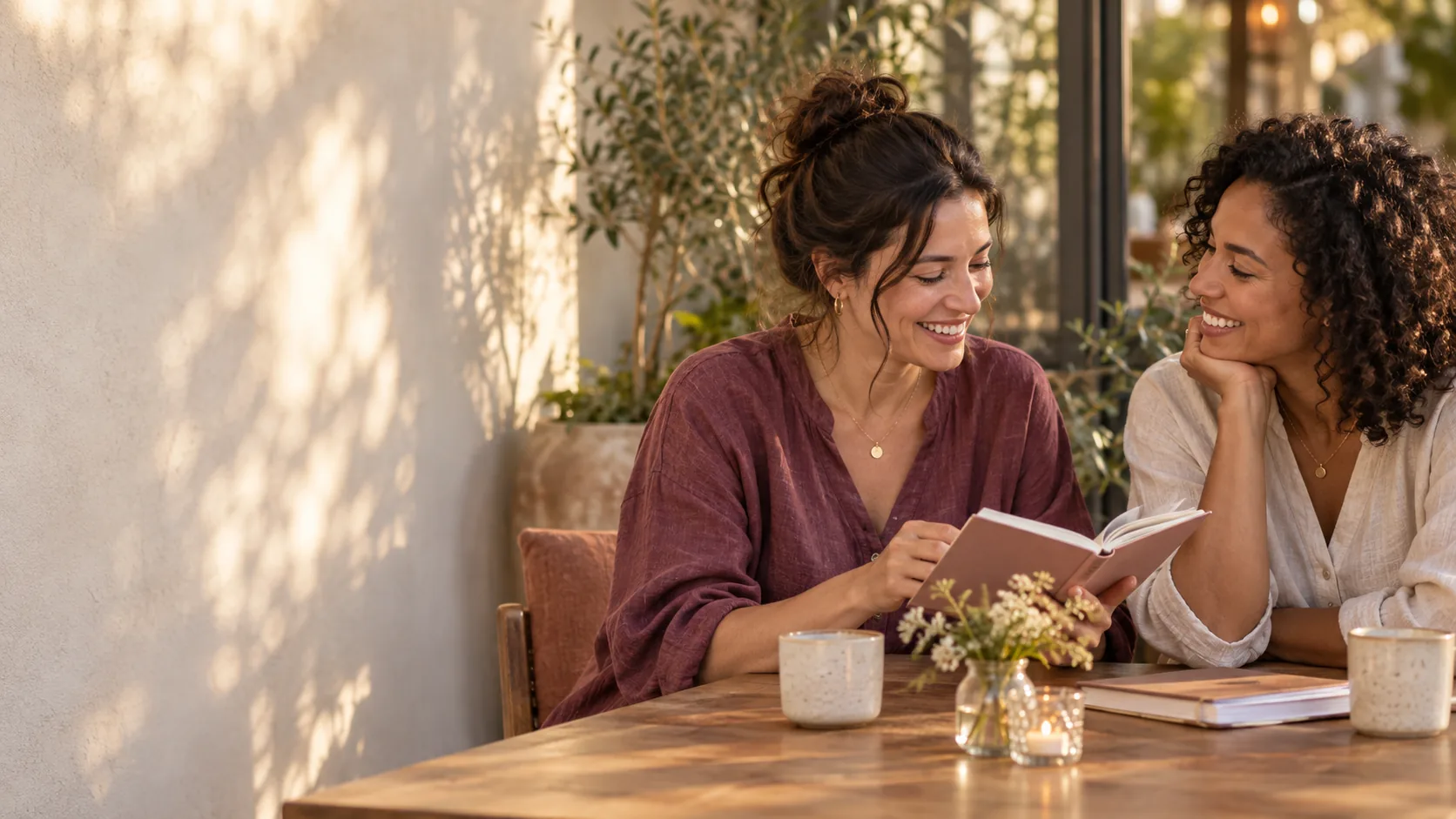 Two adult women friends smiling together while reviewing a workbook at a sunlit cafe table