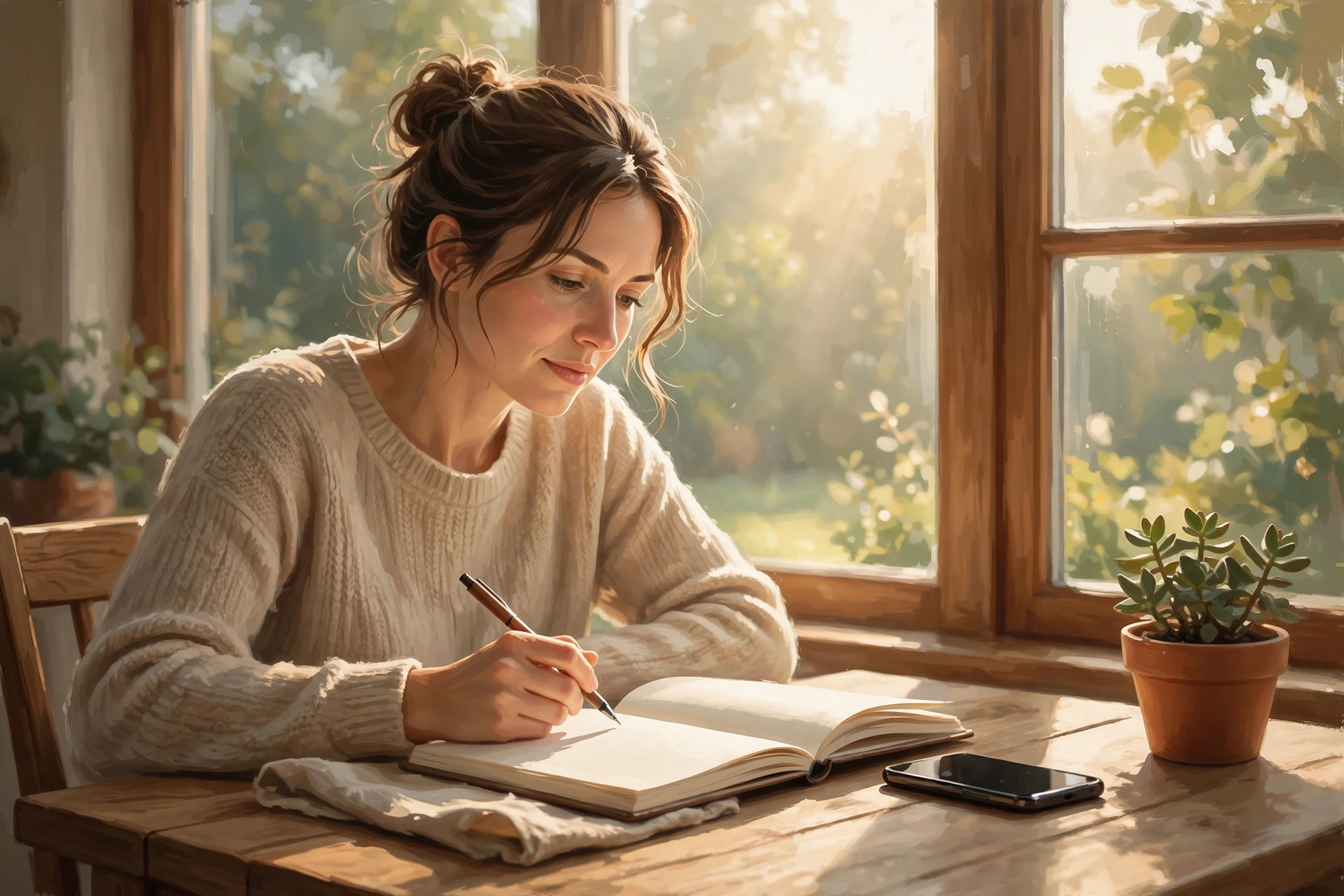 An adult woman journaling thoughtfully by a sunlit window, her phone resting face-down beside her notebook
