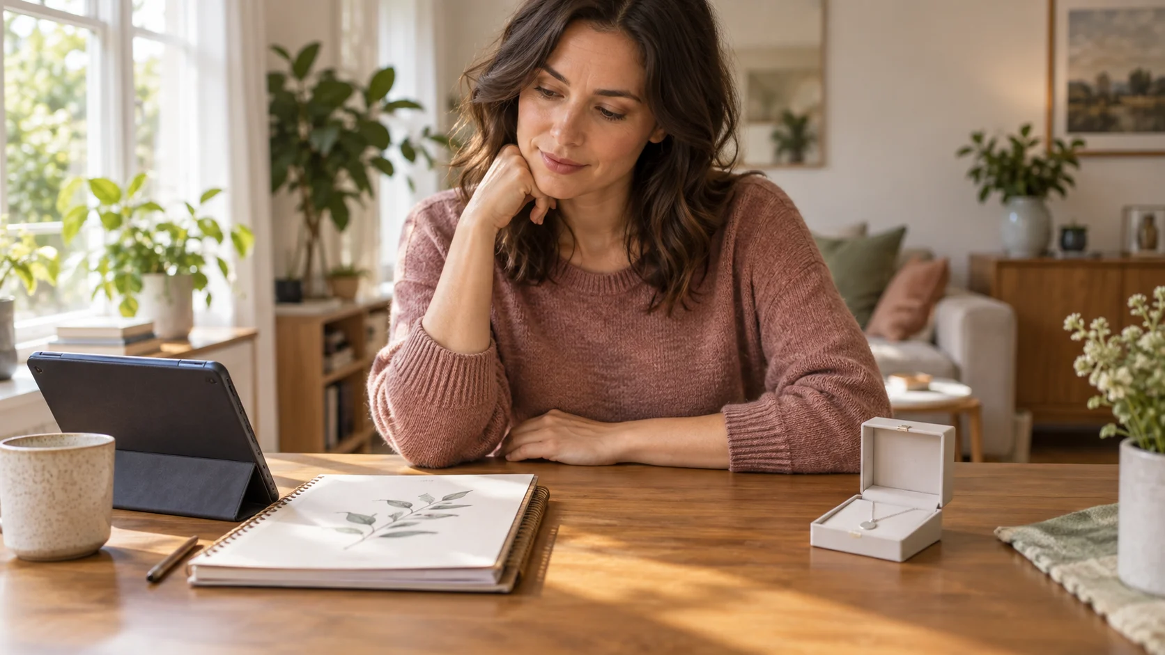 An adult woman at a sunlit table thoughtfully comparing a tablet and workbook with a simple pendant in an open jewelry box