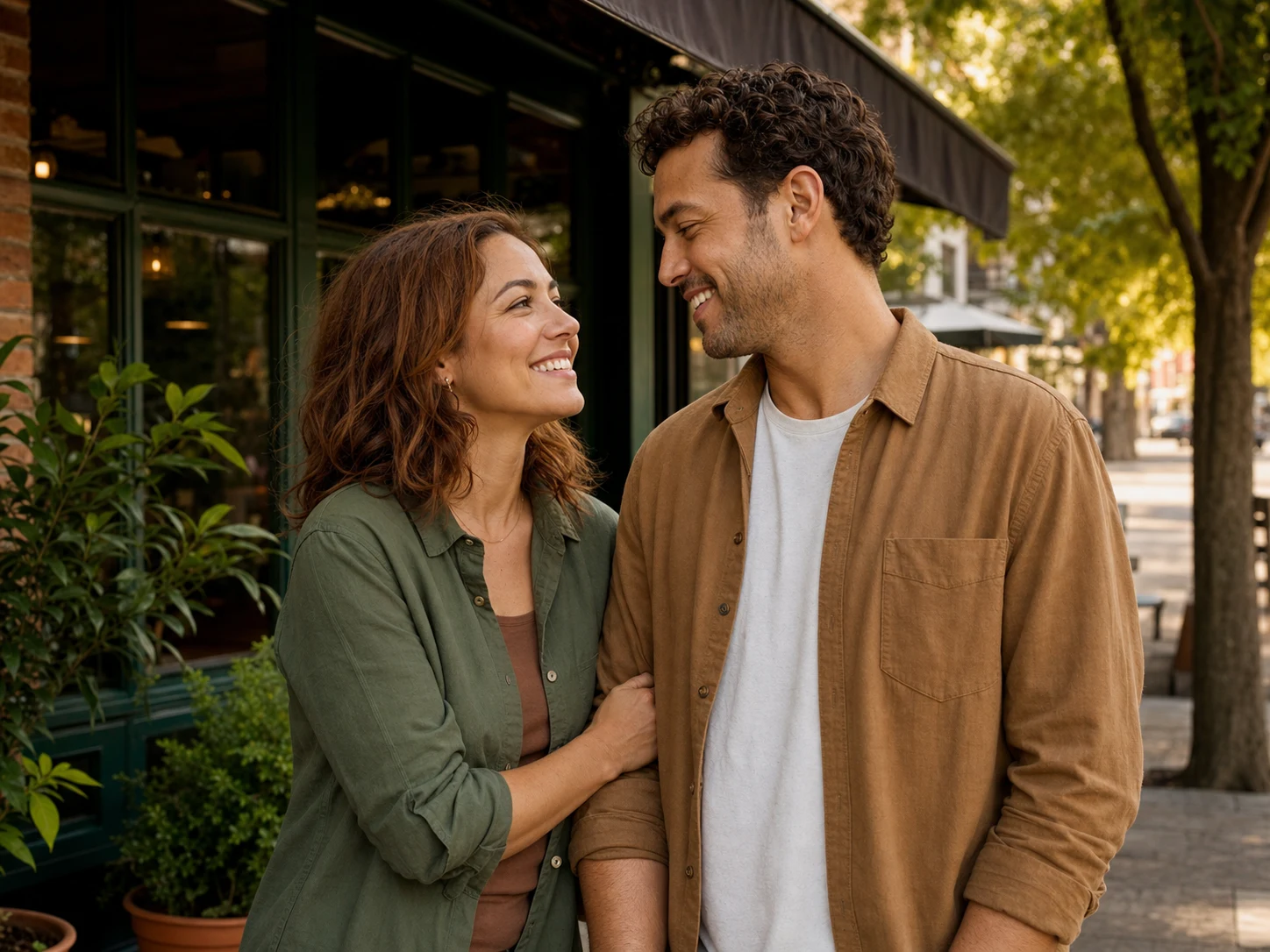 A warm, casually dressed adult couple sharing an easy smile outside a neighborhood cafe for the His Secret Obsession vs The Devotion System comparison