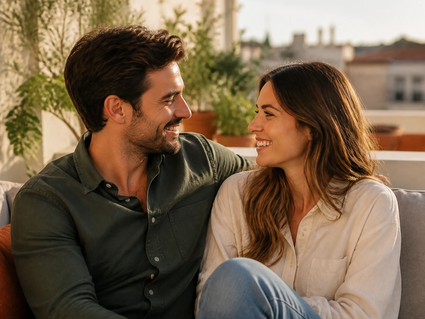 A happy couple talking together at home