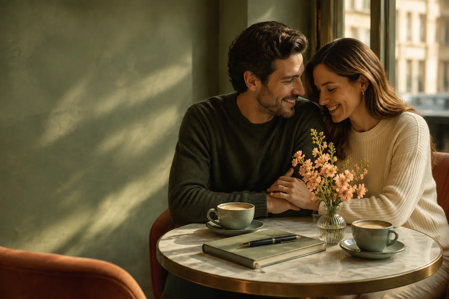 A happy adult couple sharing coffee at a warmly lit cafe table