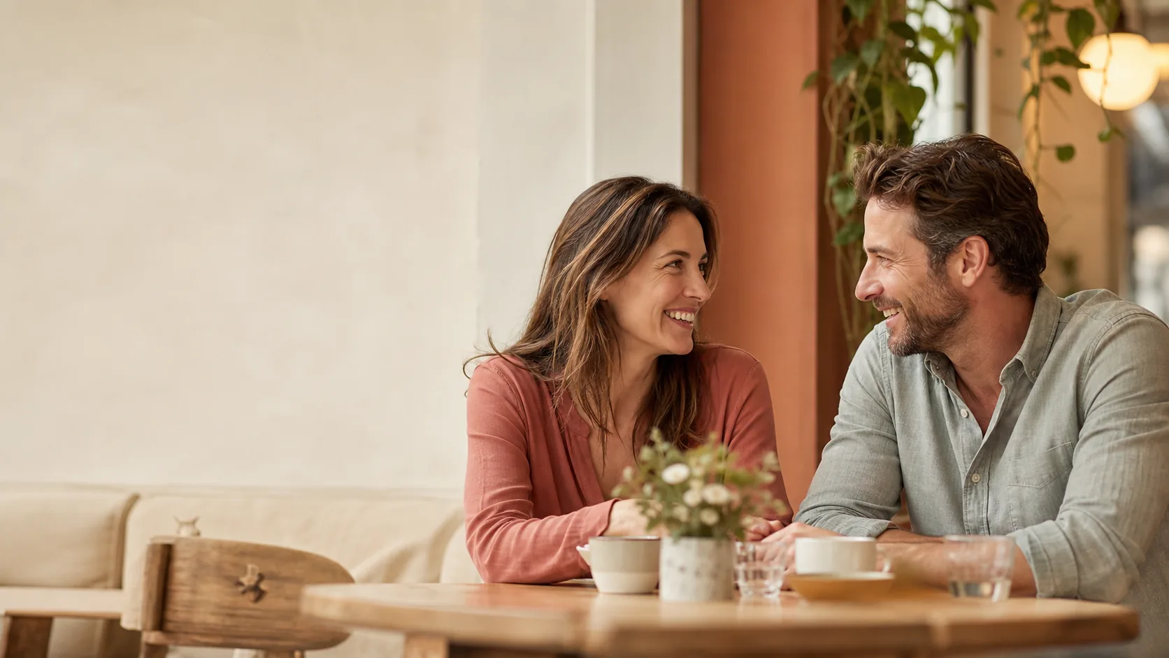 A couple sharing a relaxed conversation at a warm neighborhood cafe