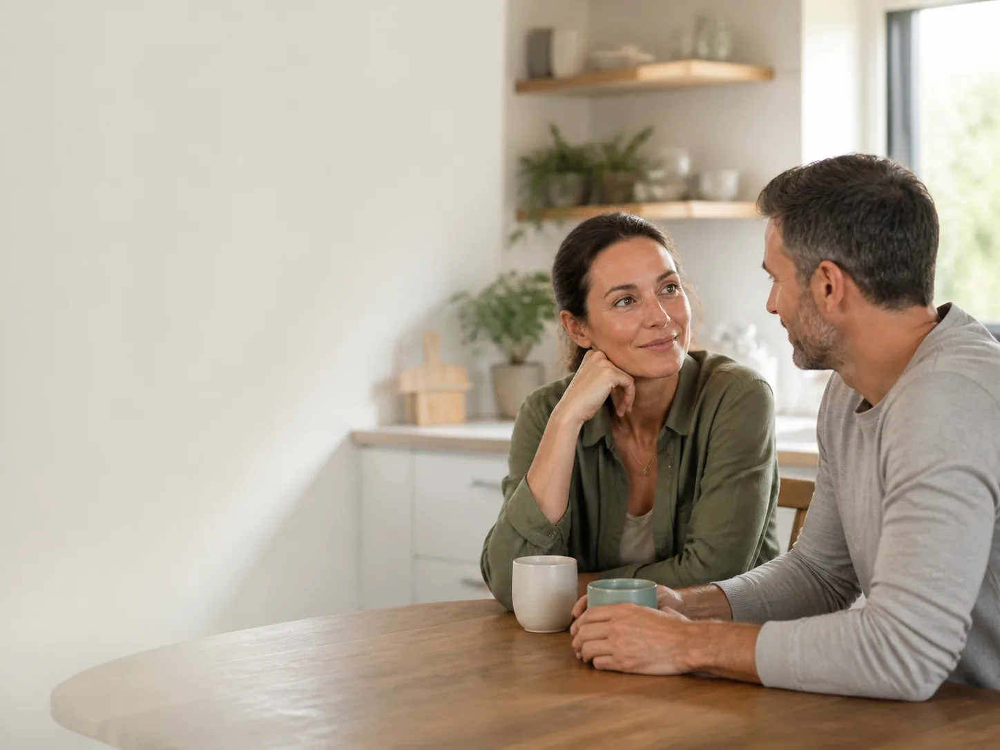 A calm adult couple having a thoughtful conversation at a sunlit kitchen table