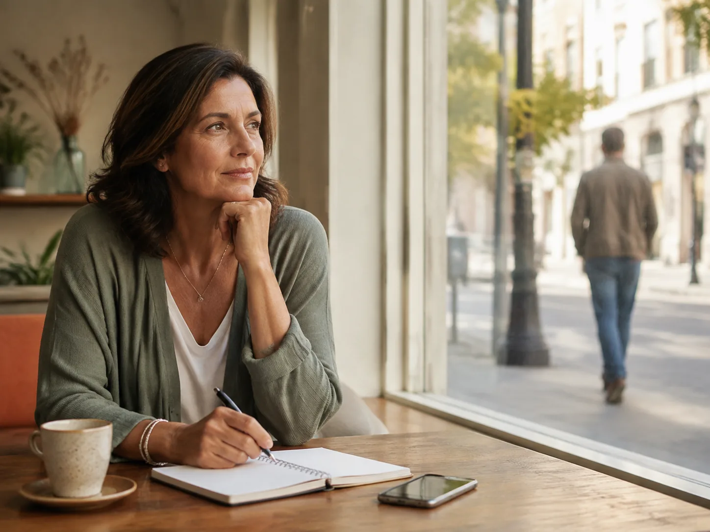 A woman reflecting calmly at a cafe while a man walks outside