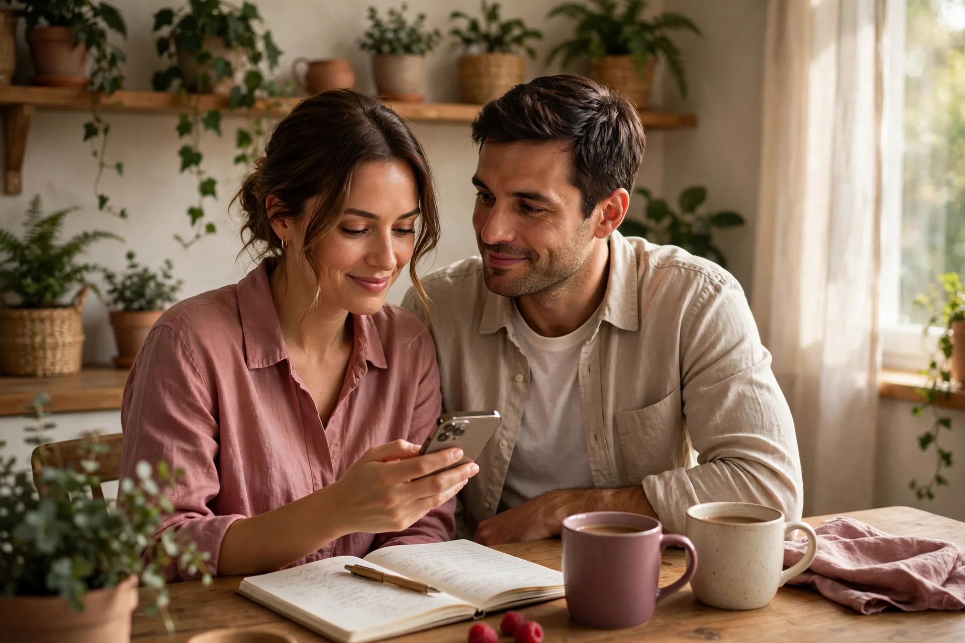 An adult couple sitting close at a sunlit kitchen table, the woman smiling at a smartphone while the man looks on with a hopeful expression