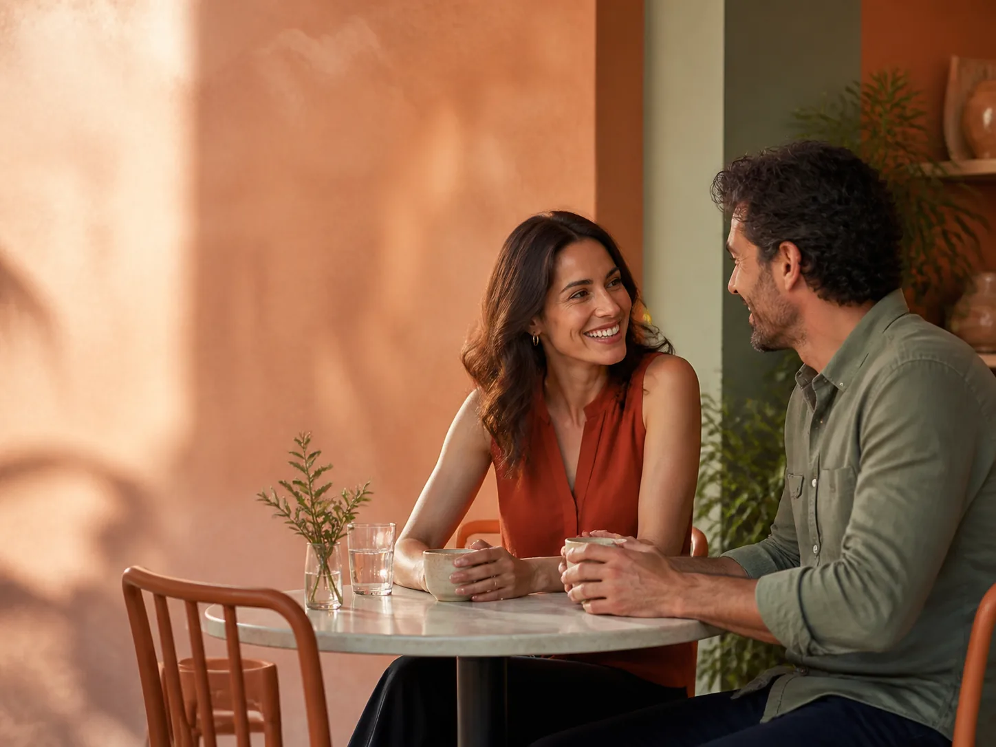 An adult couple having a relaxed conversation at a sunny cafe table